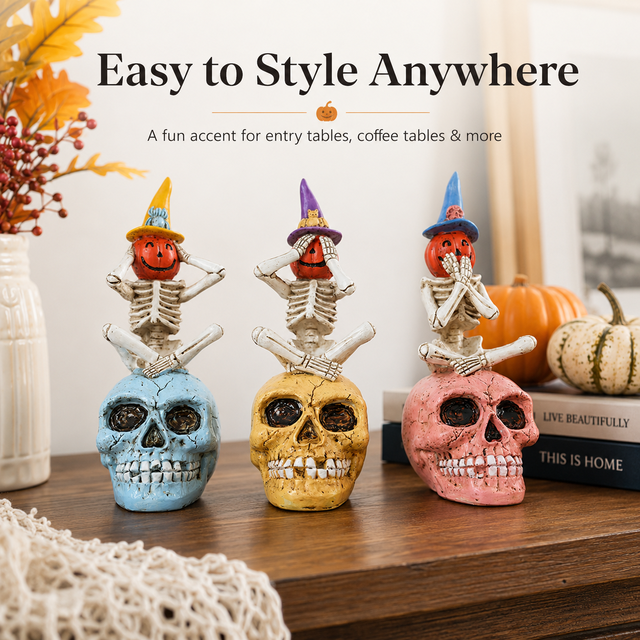 See No Evil, Hear No Evil, Speak No Evil Pumpkin Skeleton Figurine-HandPrint