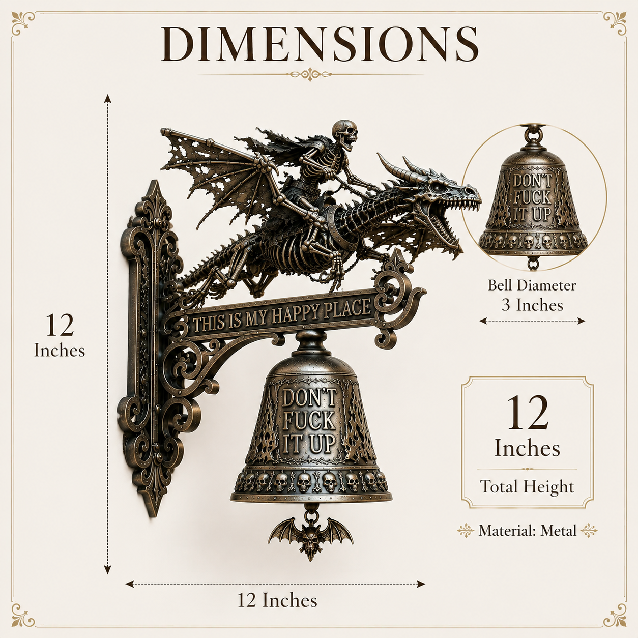🐉 Skull Dragon Rider Bell – “This Is My Happy Place” Wall Bell-HandPrint