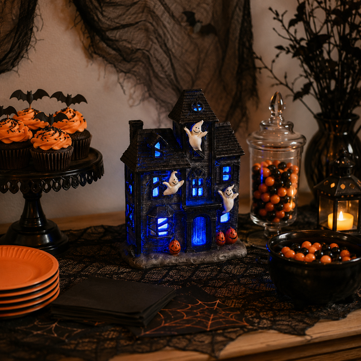 Halloween Lighted Haunted House Decor with Cute Ghosts-HandPrint