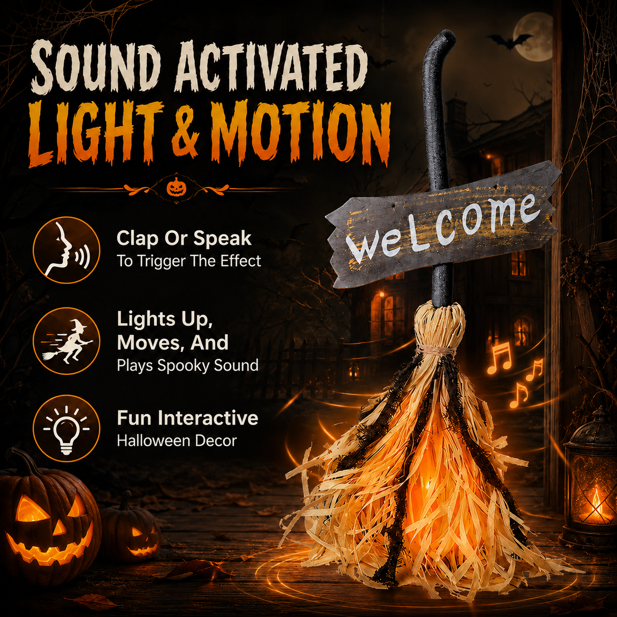 Voice-Activated Light-Up Halloween Witch's Broom-HandPrint