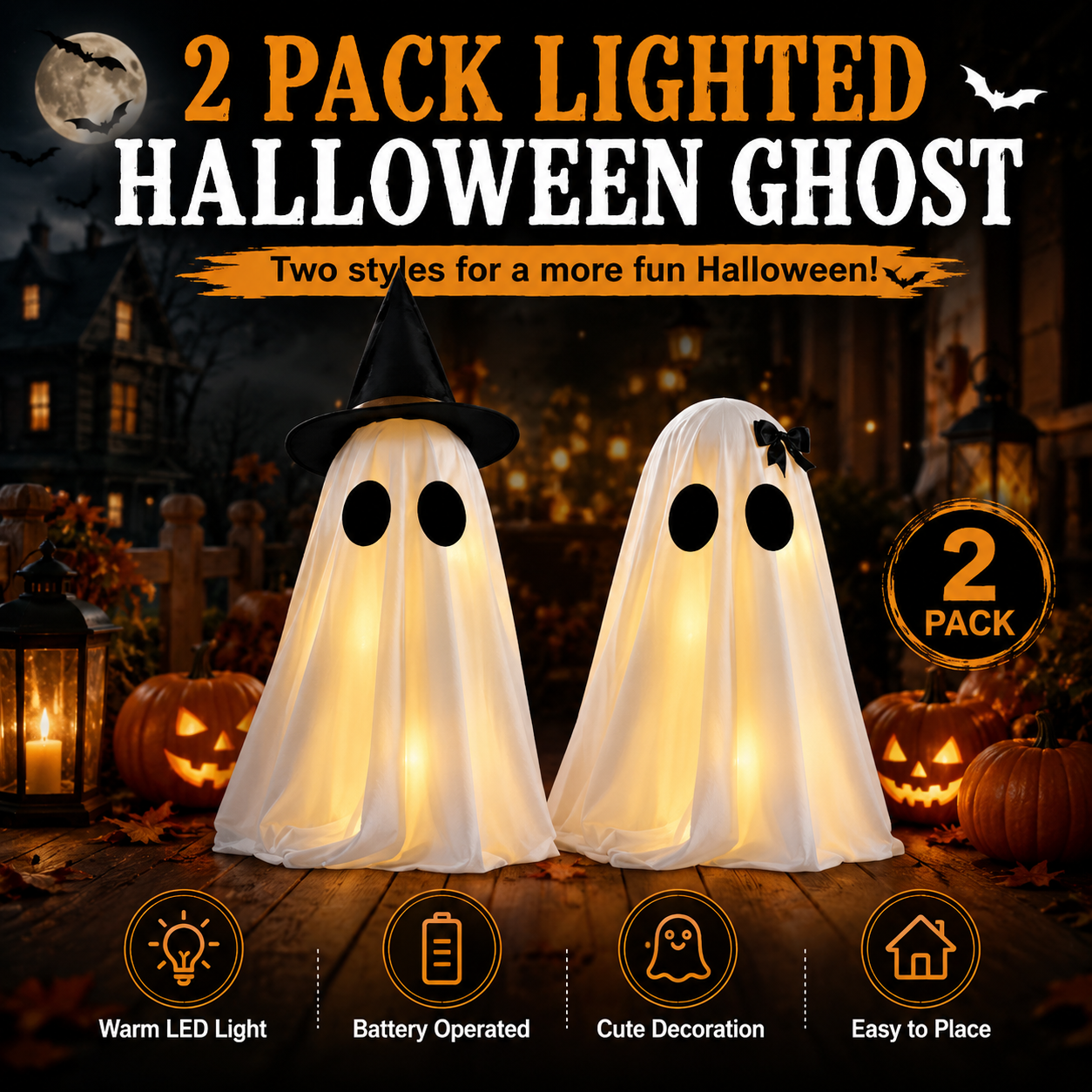 Set of 2 Light-Up Halloween Ghost Decorations-HandPrint