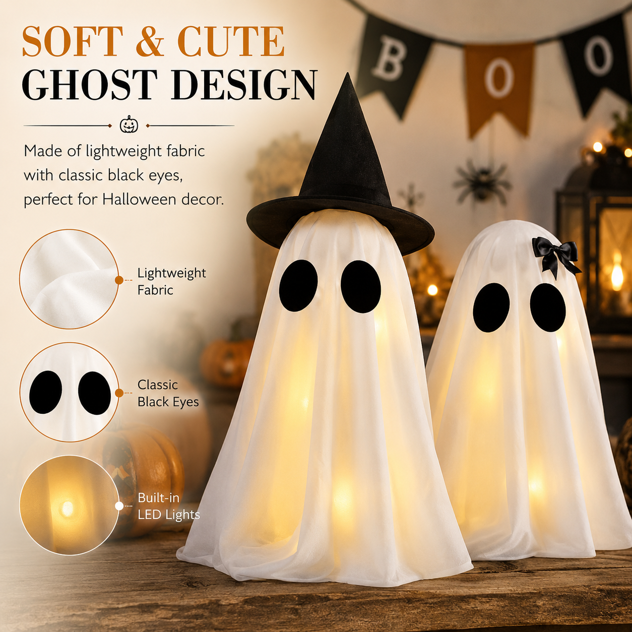 Set of 2 Light-Up Halloween Ghost Decorations-HandPrint