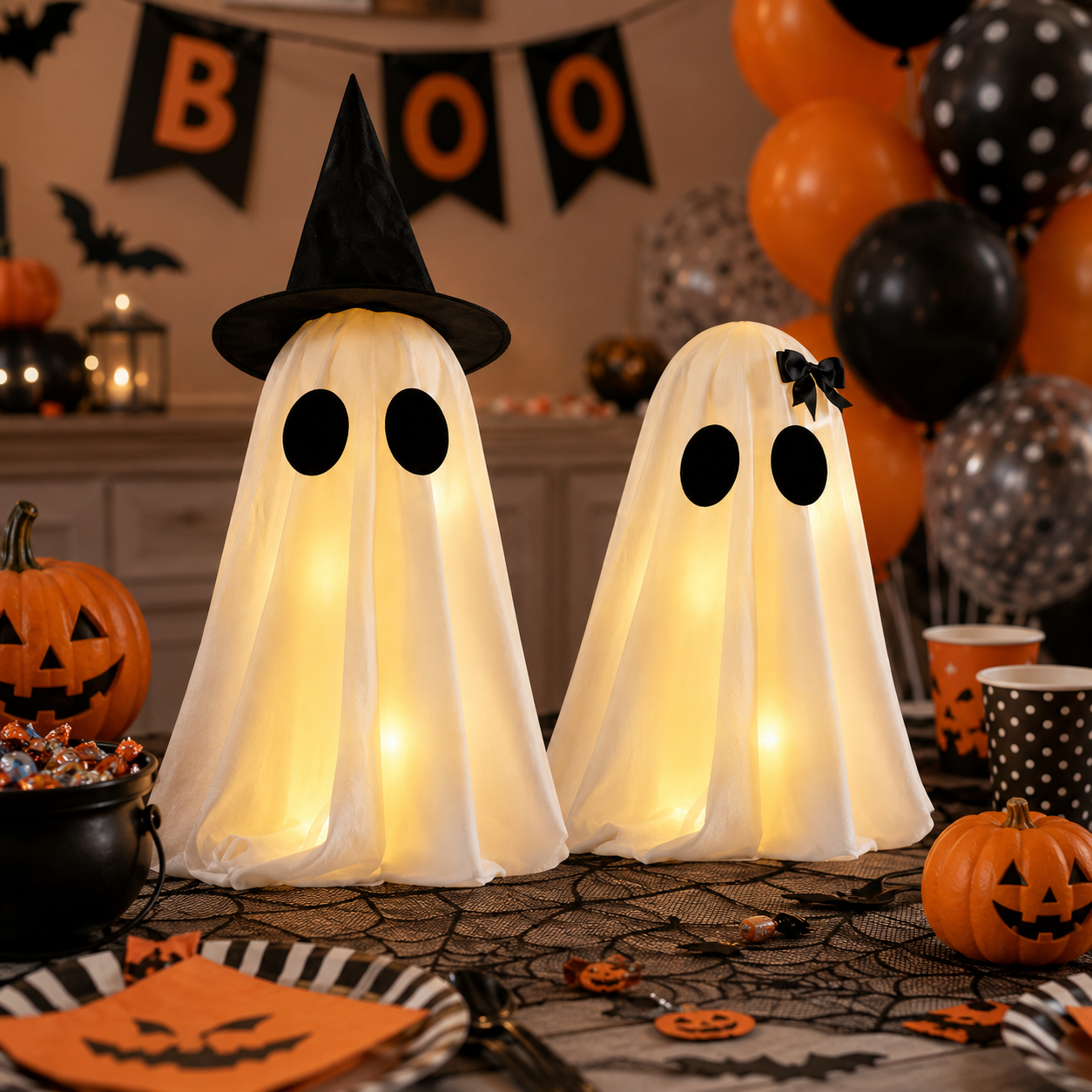 Set of 2 Light-Up Halloween Ghost Decorations-HandPrint