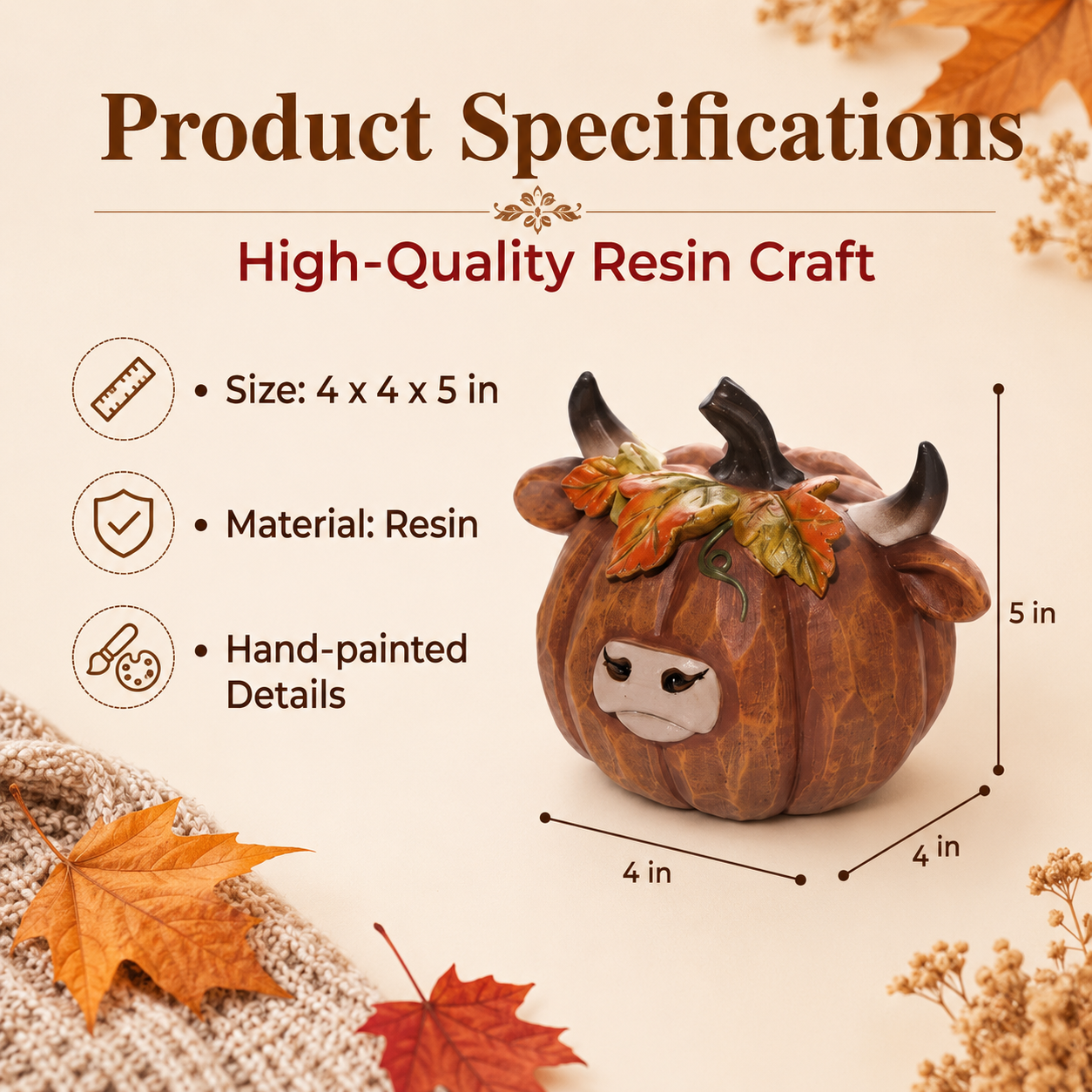 Highland Cow Pumpkin Collectible Decor, Hand-Painted Resin Fall Figurine-HandPrint