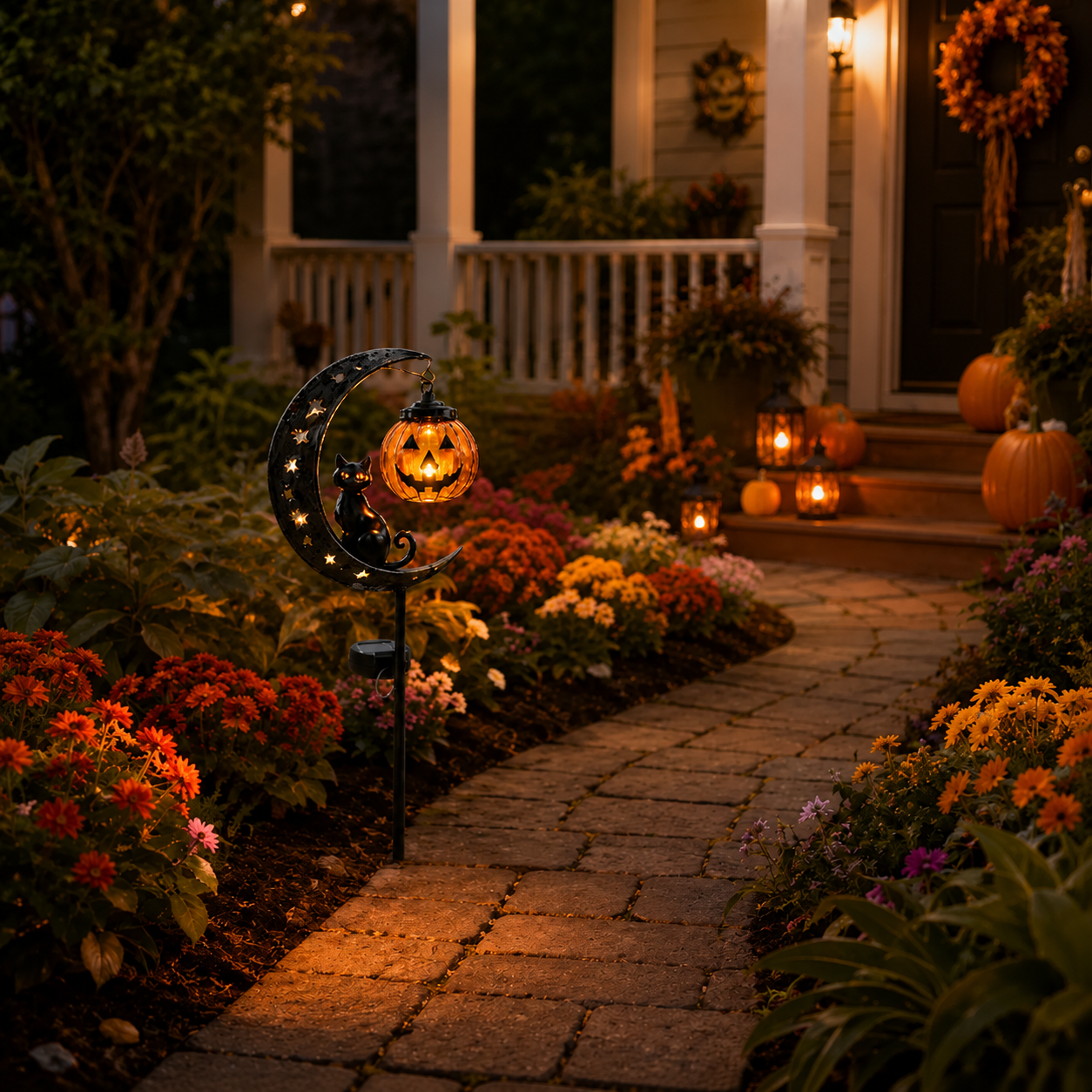 Solar Halloween Garden Stake Light with Cat and Pumpkin Lantern-HandPrint
