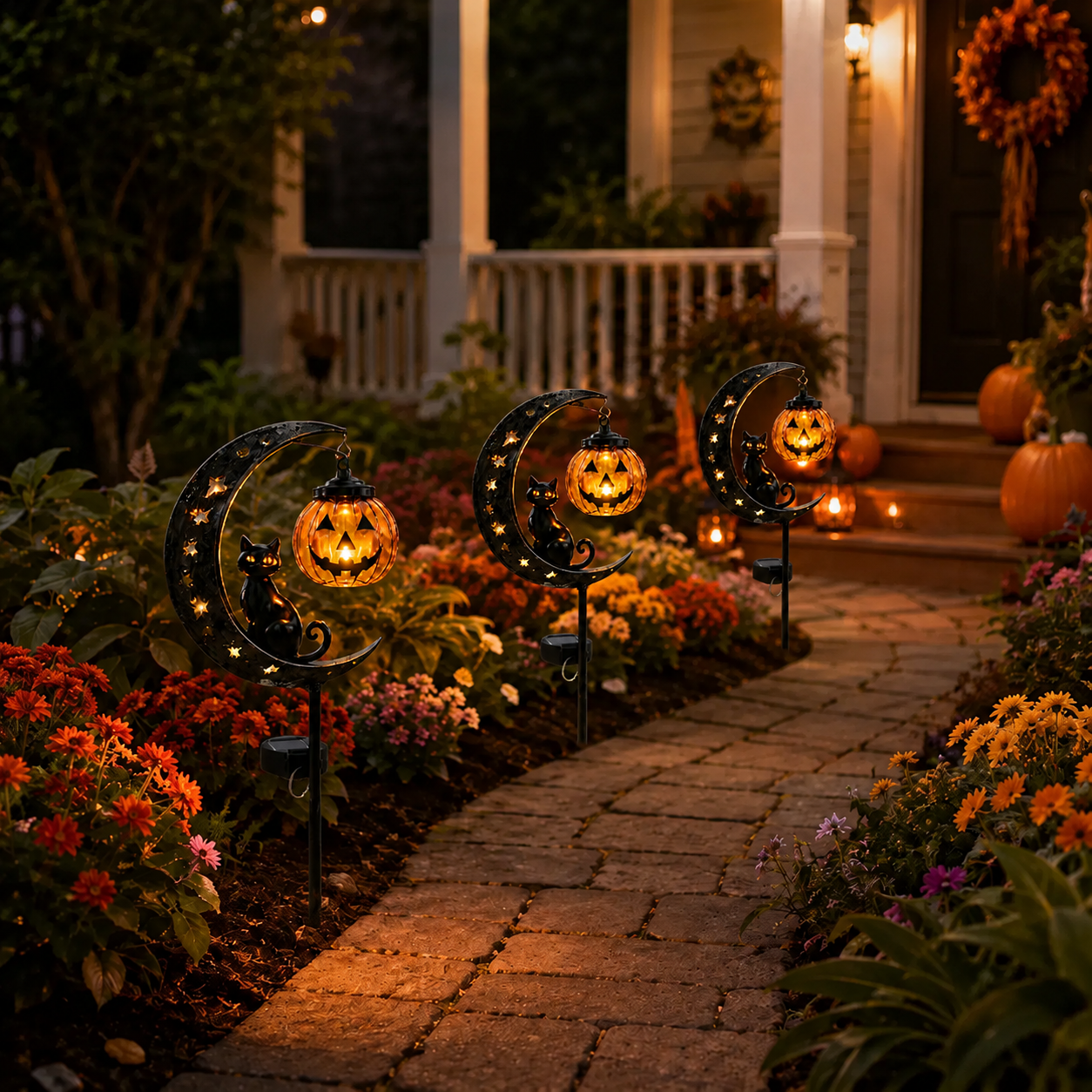 Solar Halloween Garden Stake Light with Cat and Pumpkin Lantern-HandPrint
