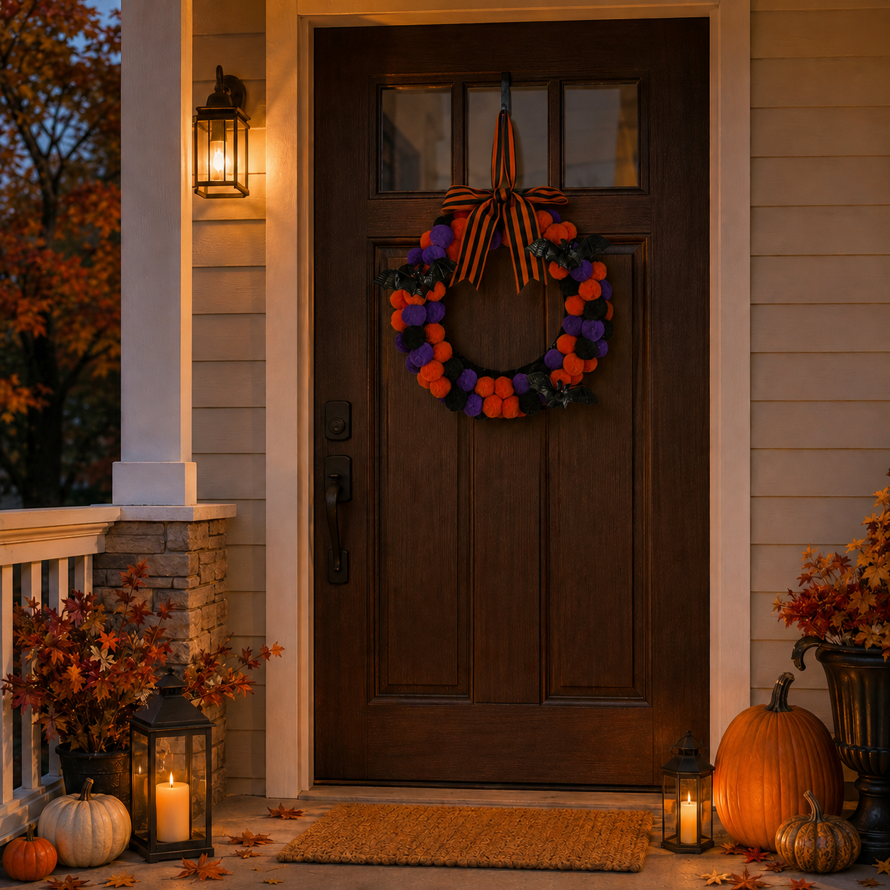 Lighted Halloween Pom Pom Wreath-HandPrint