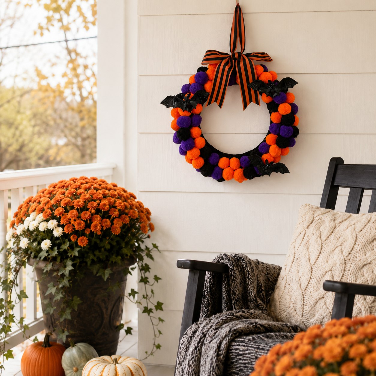 Lighted Halloween Pom Pom Wreath-HandPrint
