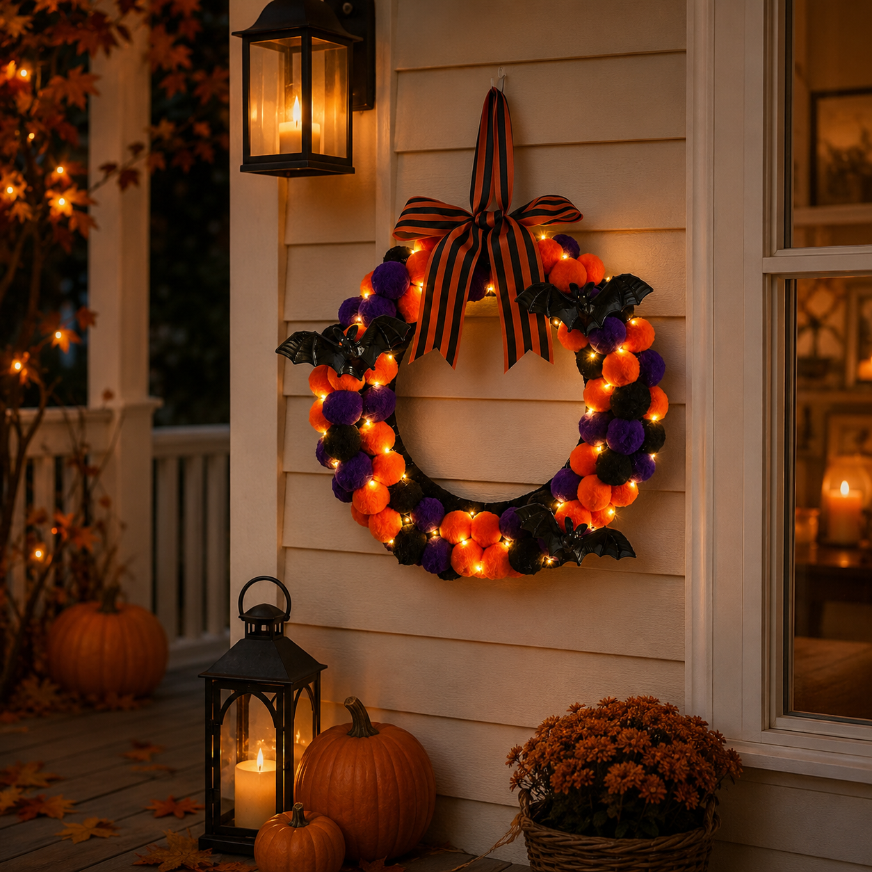 Lighted Halloween Pom Pom Wreath-HandPrint