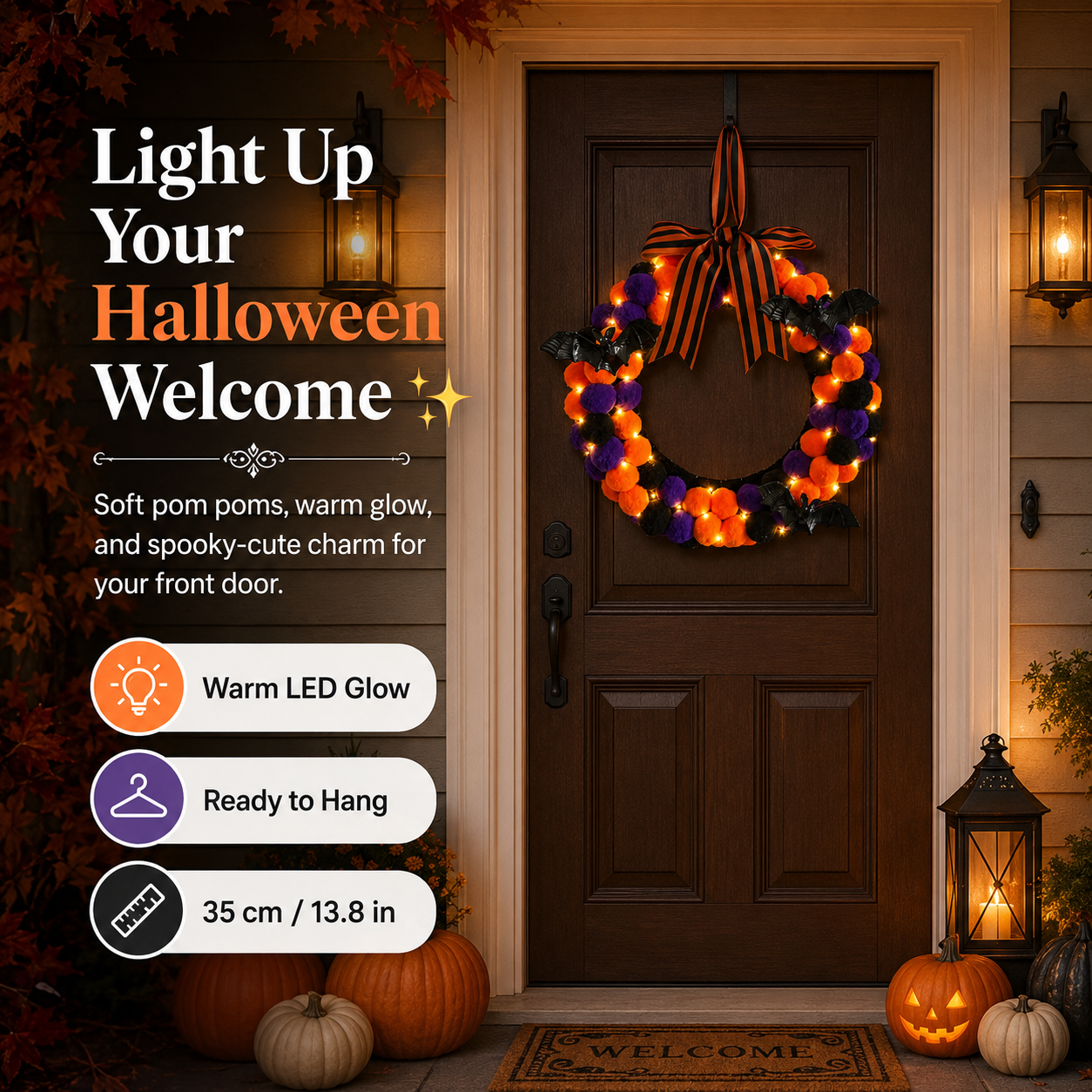 Lighted Halloween Pom Pom Wreath-HandPrint