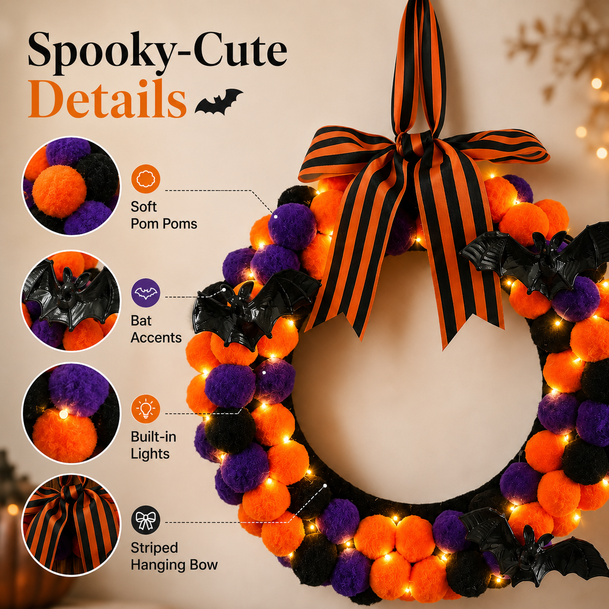 Lighted Halloween Pom Pom Wreath-HandPrint
