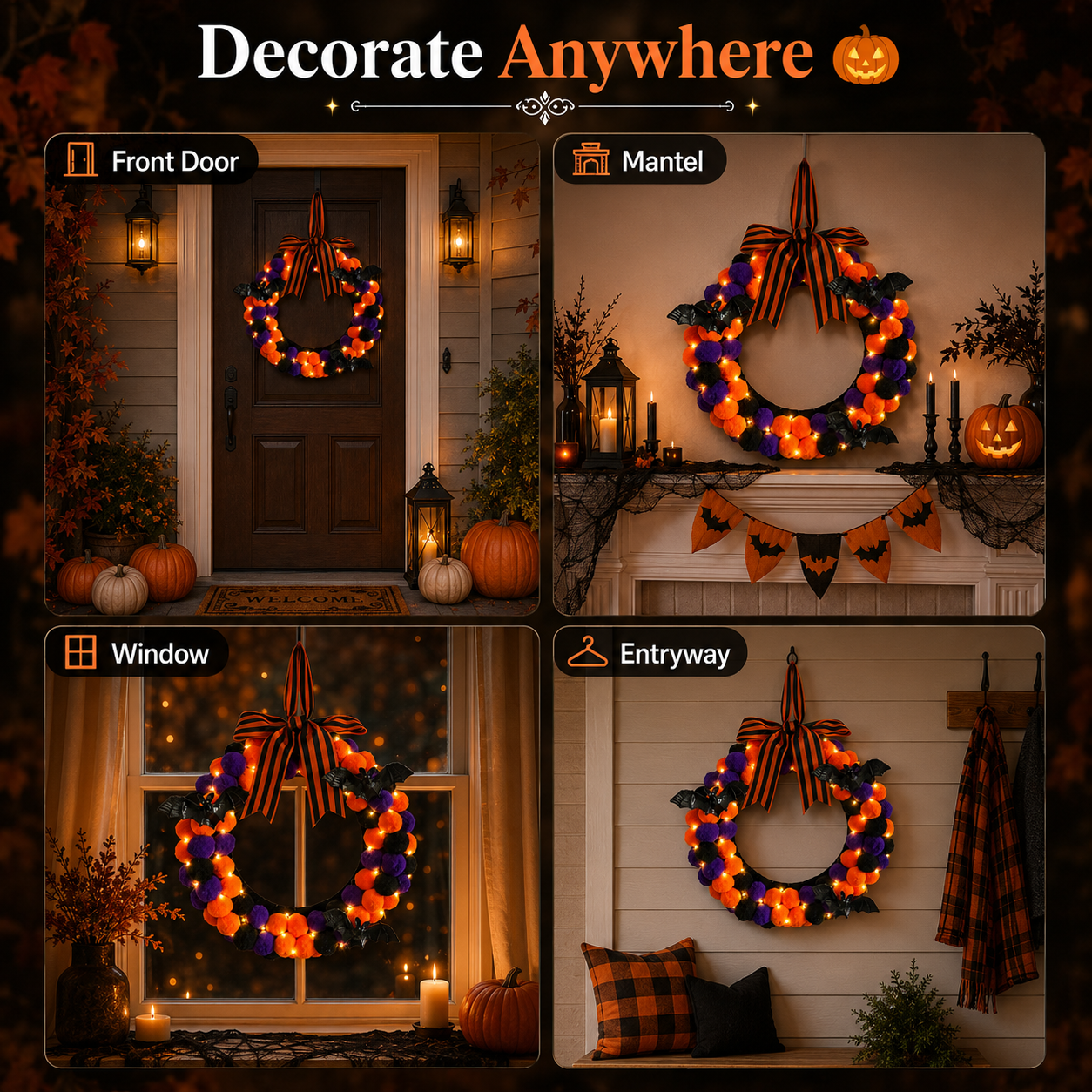 Lighted Halloween Pom Pom Wreath-HandPrint