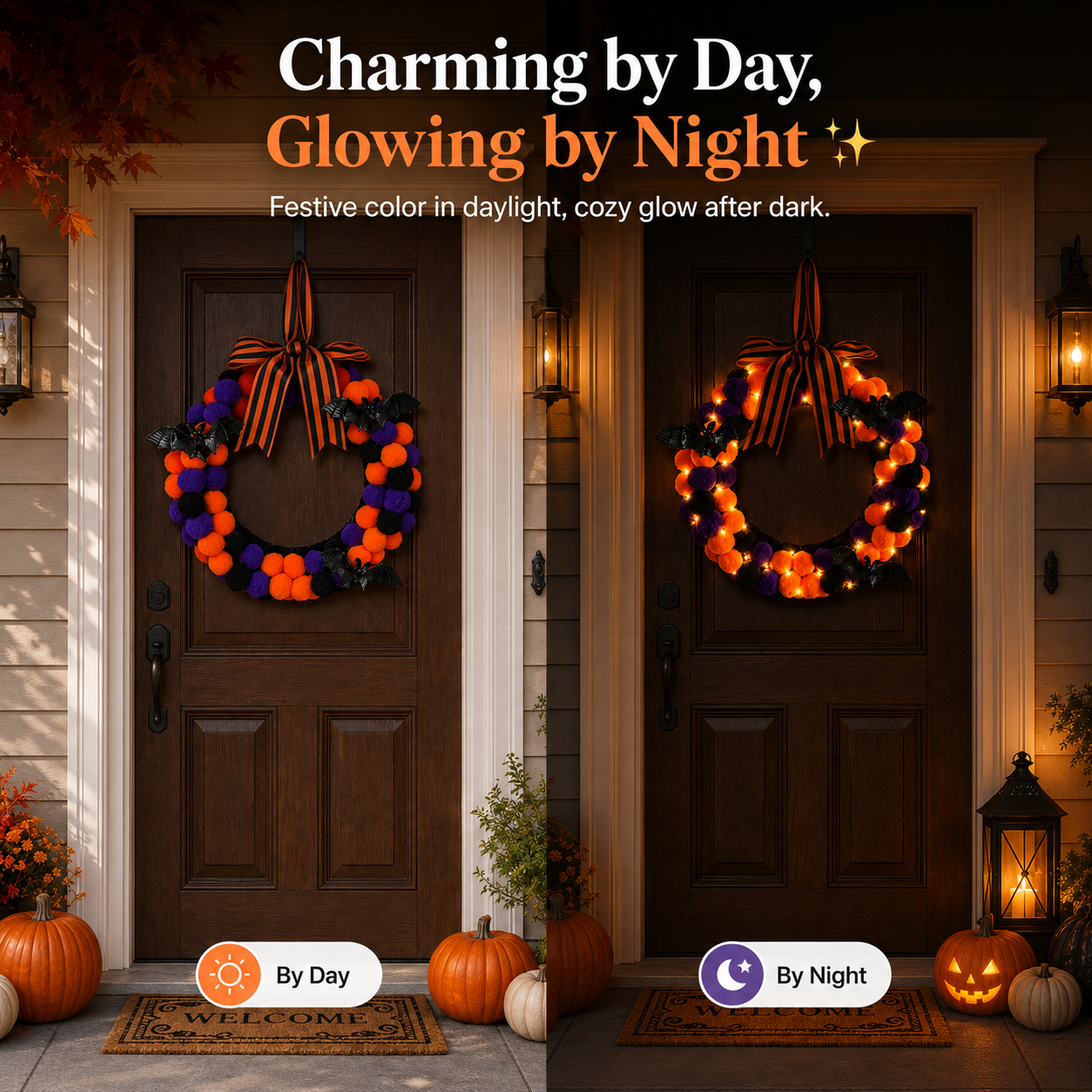 Lighted Halloween Pom Pom Wreath-HandPrint
