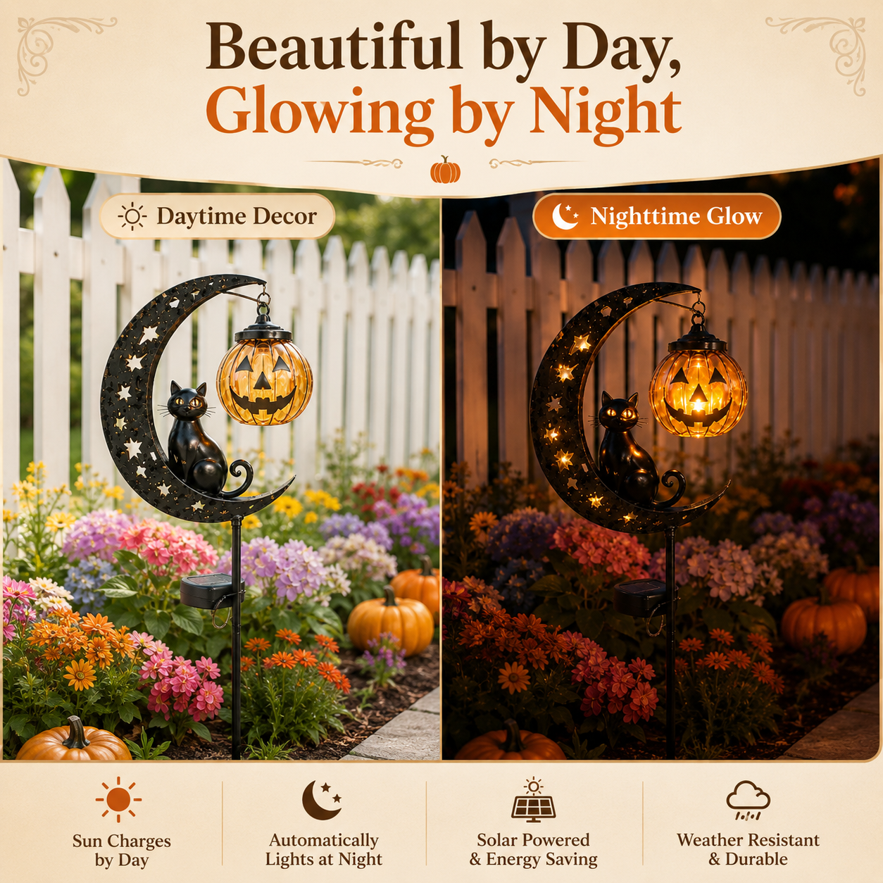 Solar Halloween Garden Stake Light with Cat and Pumpkin Lantern-HandPrint