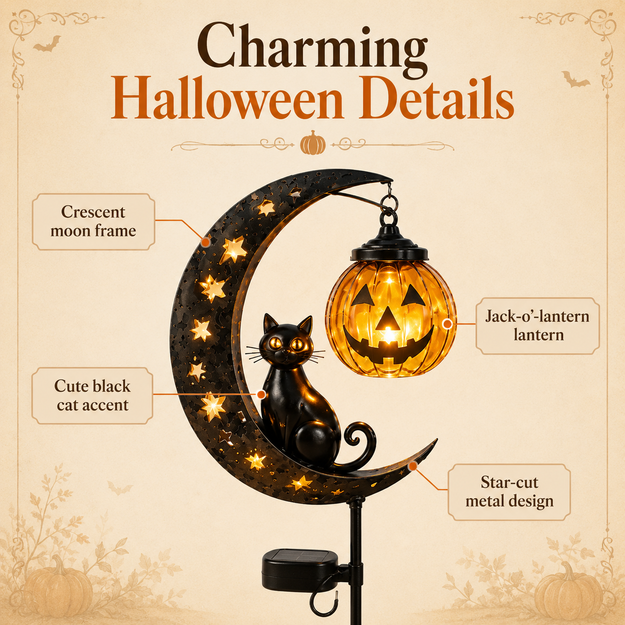 Solar Halloween Garden Stake Light with Cat and Pumpkin Lantern-HandPrint