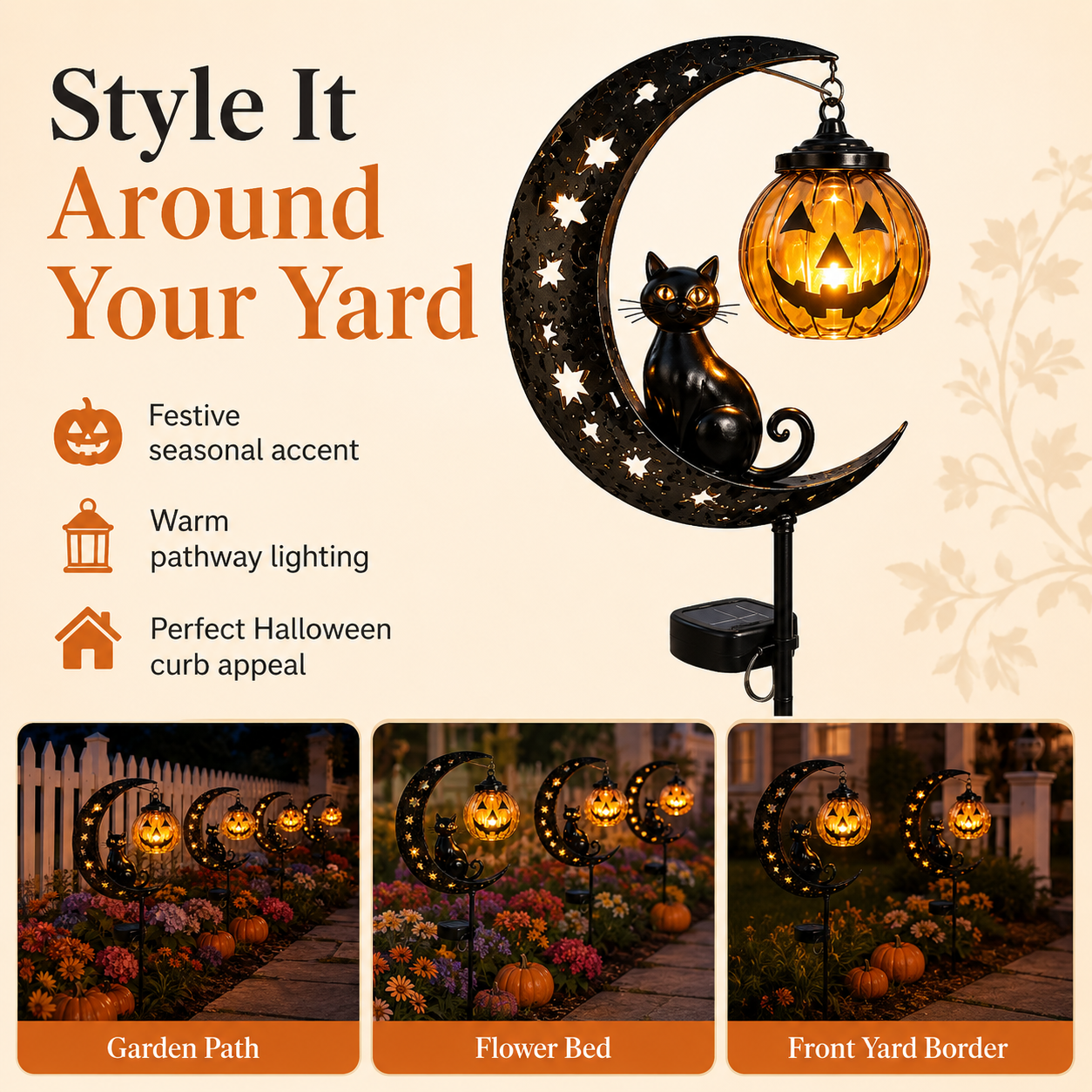 Solar Halloween Garden Stake Light with Cat and Pumpkin Lantern-HandPrint