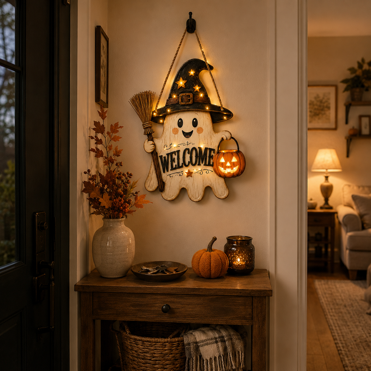 Lighted Ghost Witch Welcome Door Sign-HandPrint