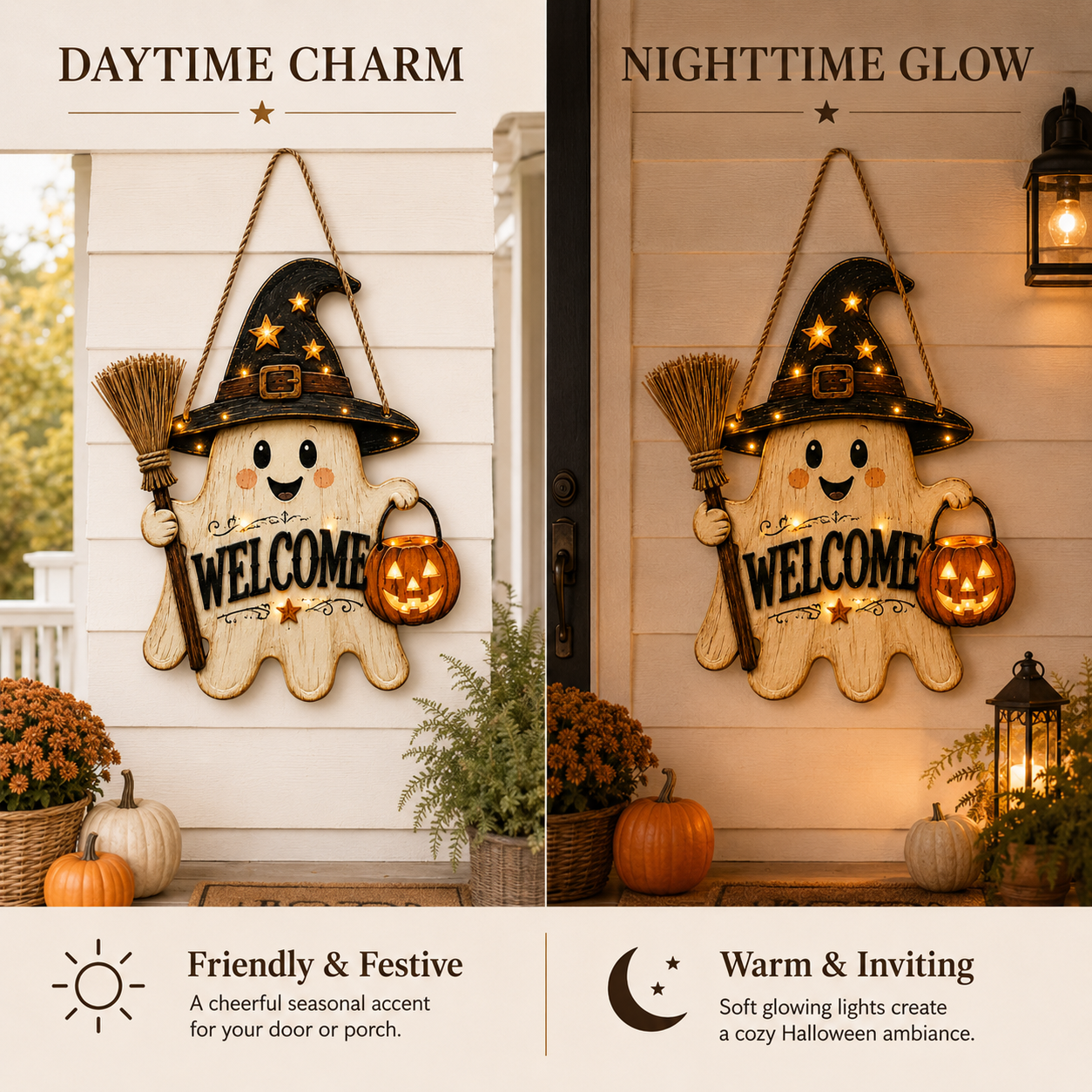 Lighted Ghost Witch Welcome Door Sign-HandPrint