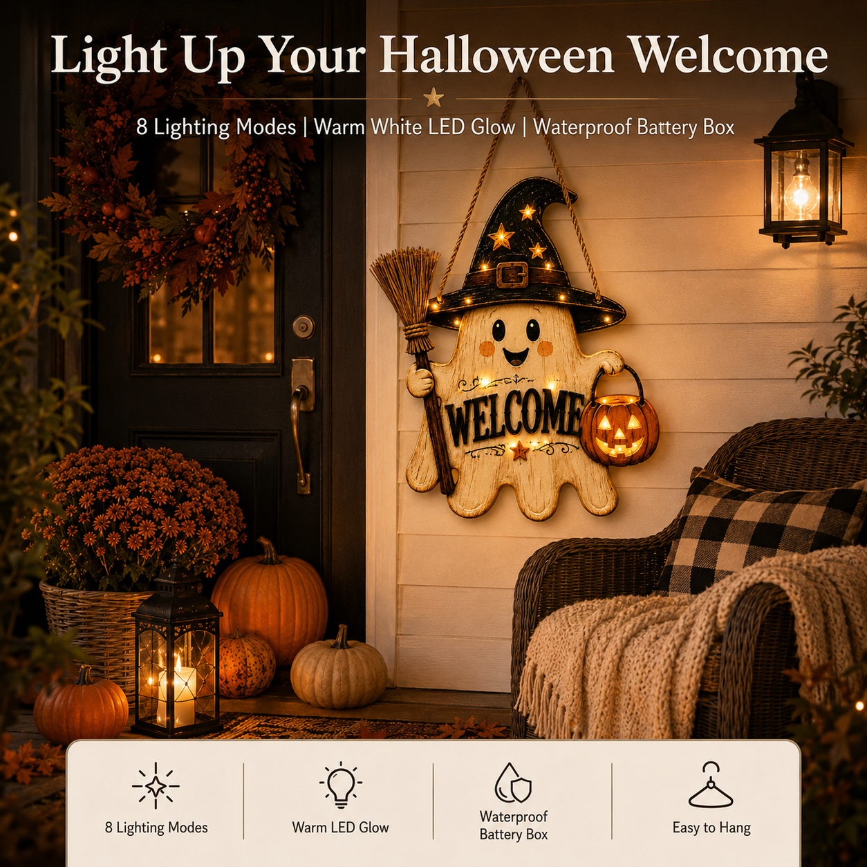 Lighted Ghost Witch Welcome Door Sign-HandPrint