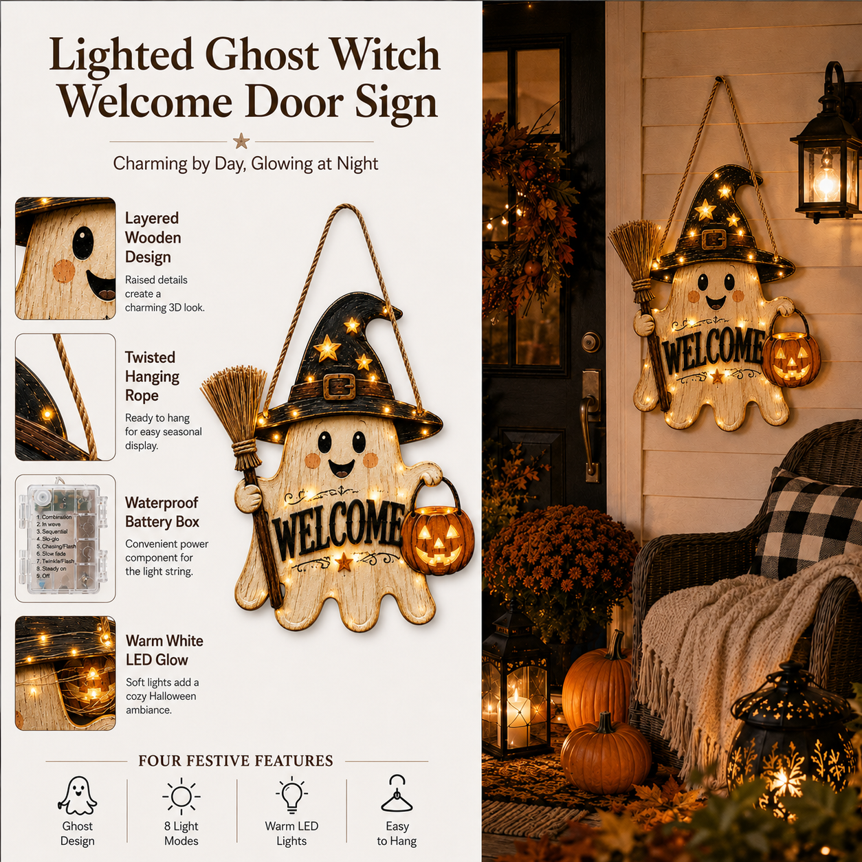 Lighted Ghost Witch Welcome Door Sign-HandPrint