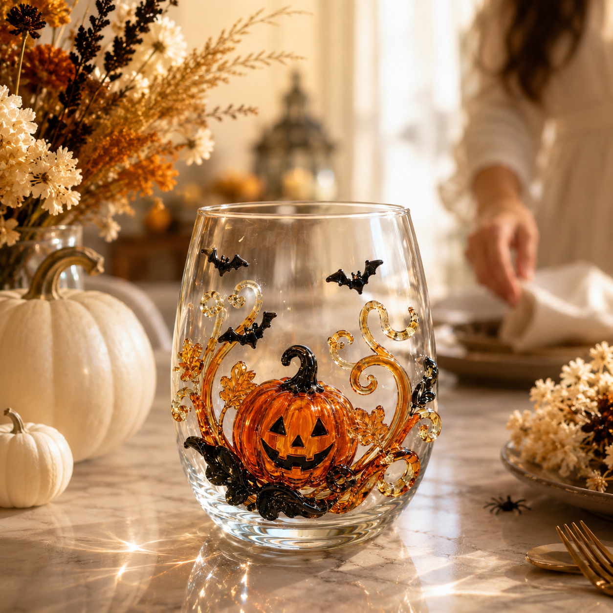Halloween Glass Cup Set of 4, Embossed-Style Ghost Pumpkin Black Cat Spider Web Drinking Glasses-HandPrint