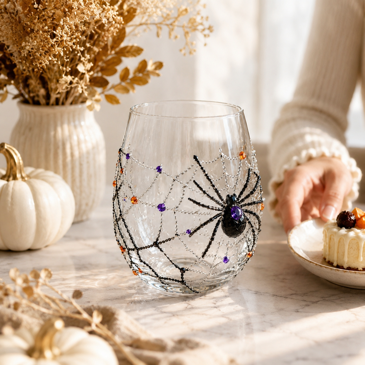 Halloween Glass Cup Set of 4, Embossed-Style Ghost Pumpkin Black Cat Spider Web Drinking Glasses-HandPrint