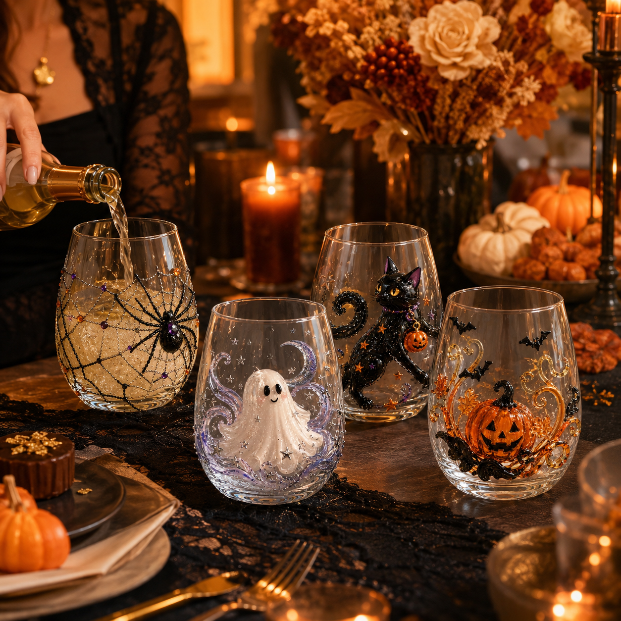 Halloween Glass Cup Set of 4, Embossed-Style Ghost Pumpkin Black Cat Spider Web Drinking Glasses-HandPrint