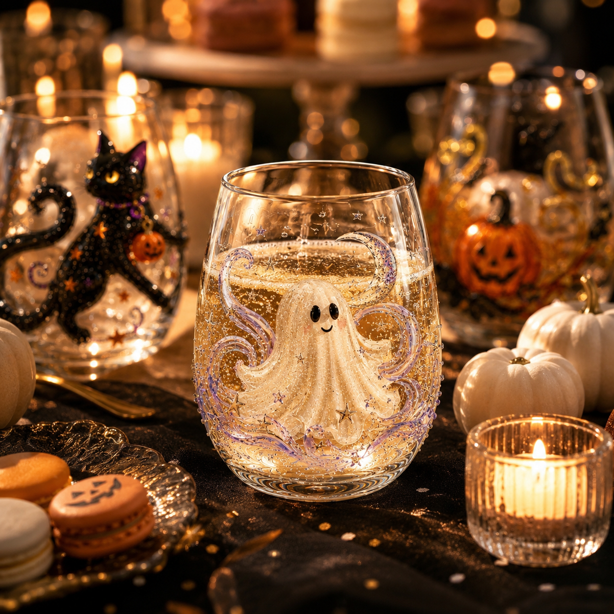 Halloween Glass Cup Set of 4, Embossed-Style Ghost Pumpkin Black Cat Spider Web Drinking Glasses-HandPrint