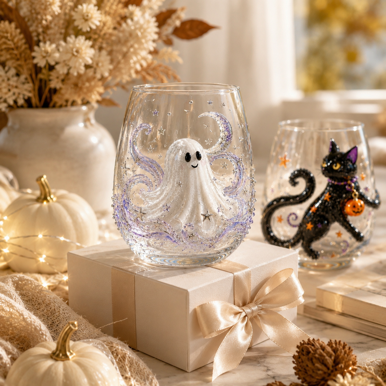 Halloween Glass Cup Set of 4, Embossed-Style Ghost Pumpkin Black Cat Spider Web Drinking Glasses-HandPrint
