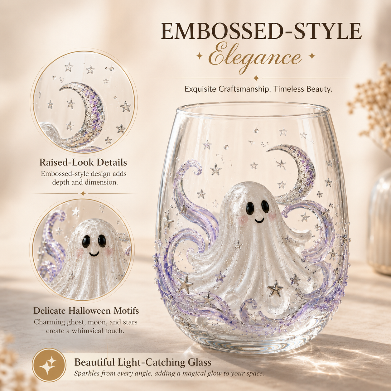 Halloween Glass Cup Set of 4, Embossed-Style Ghost Pumpkin Black Cat Spider Web Drinking Glasses-HandPrint