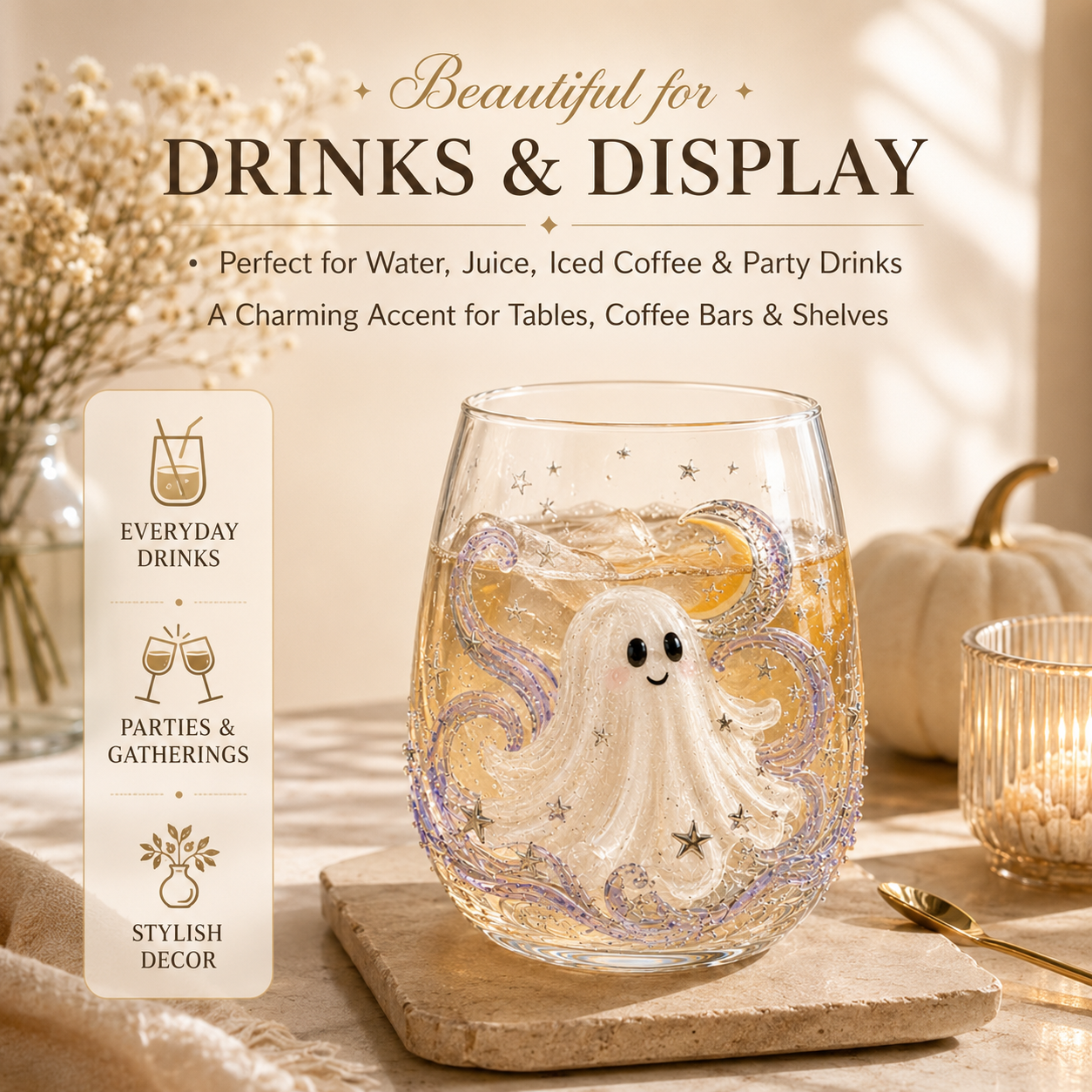 Halloween Glass Cup Set of 4, Embossed-Style Ghost Pumpkin Black Cat Spider Web Drinking Glasses-HandPrint