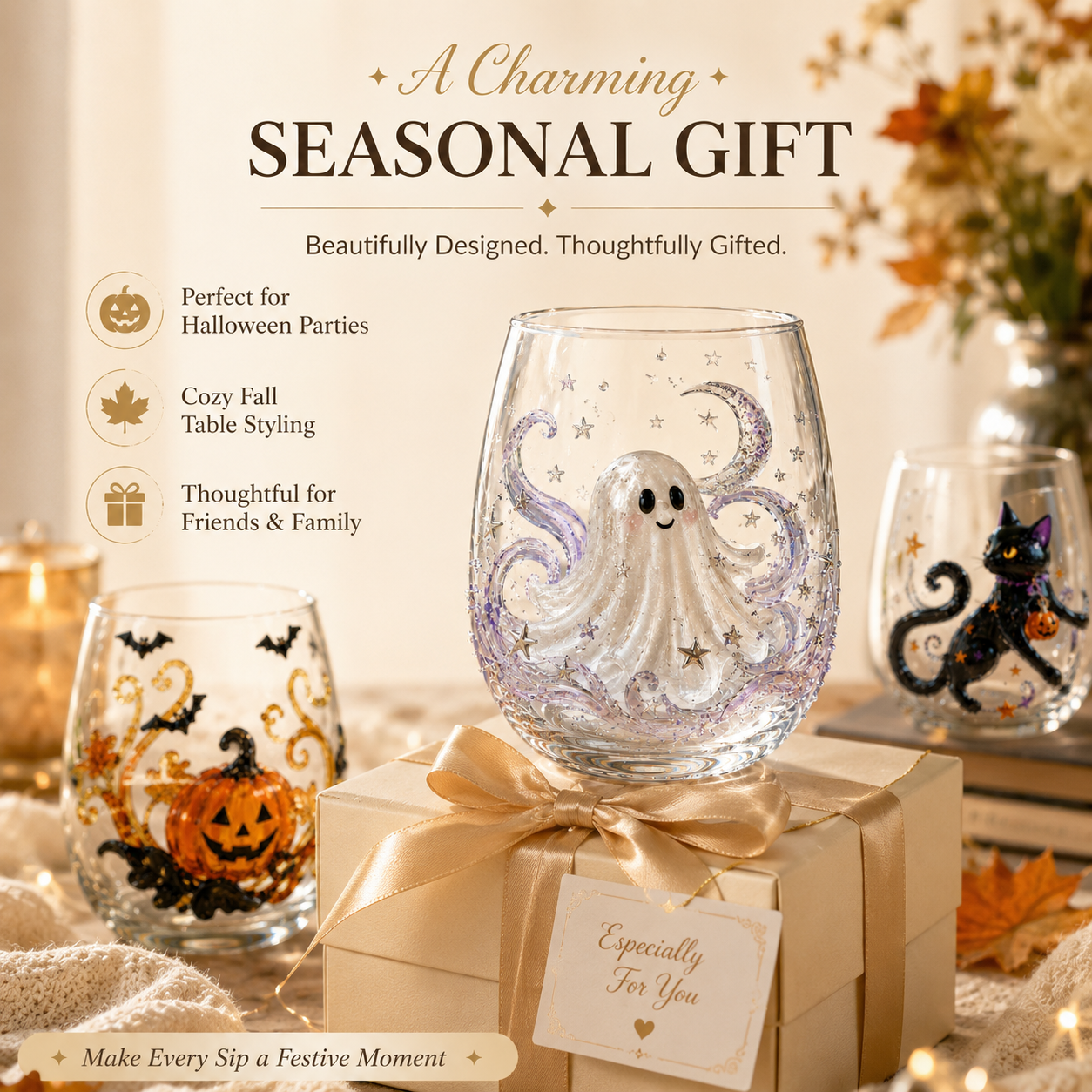 Halloween Glass Cup Set of 4, Embossed-Style Ghost Pumpkin Black Cat Spider Web Drinking Glasses-HandPrint