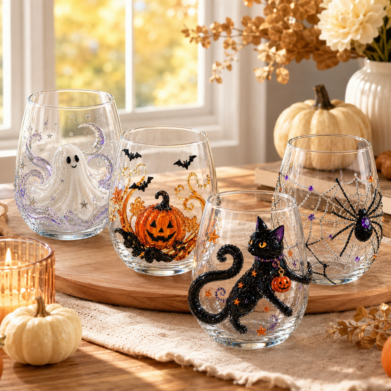 Halloween Glass Cup Set of 4, Embossed-Style Ghost Pumpkin Black Cat Spider Web Drinking Glasses-HandPrint