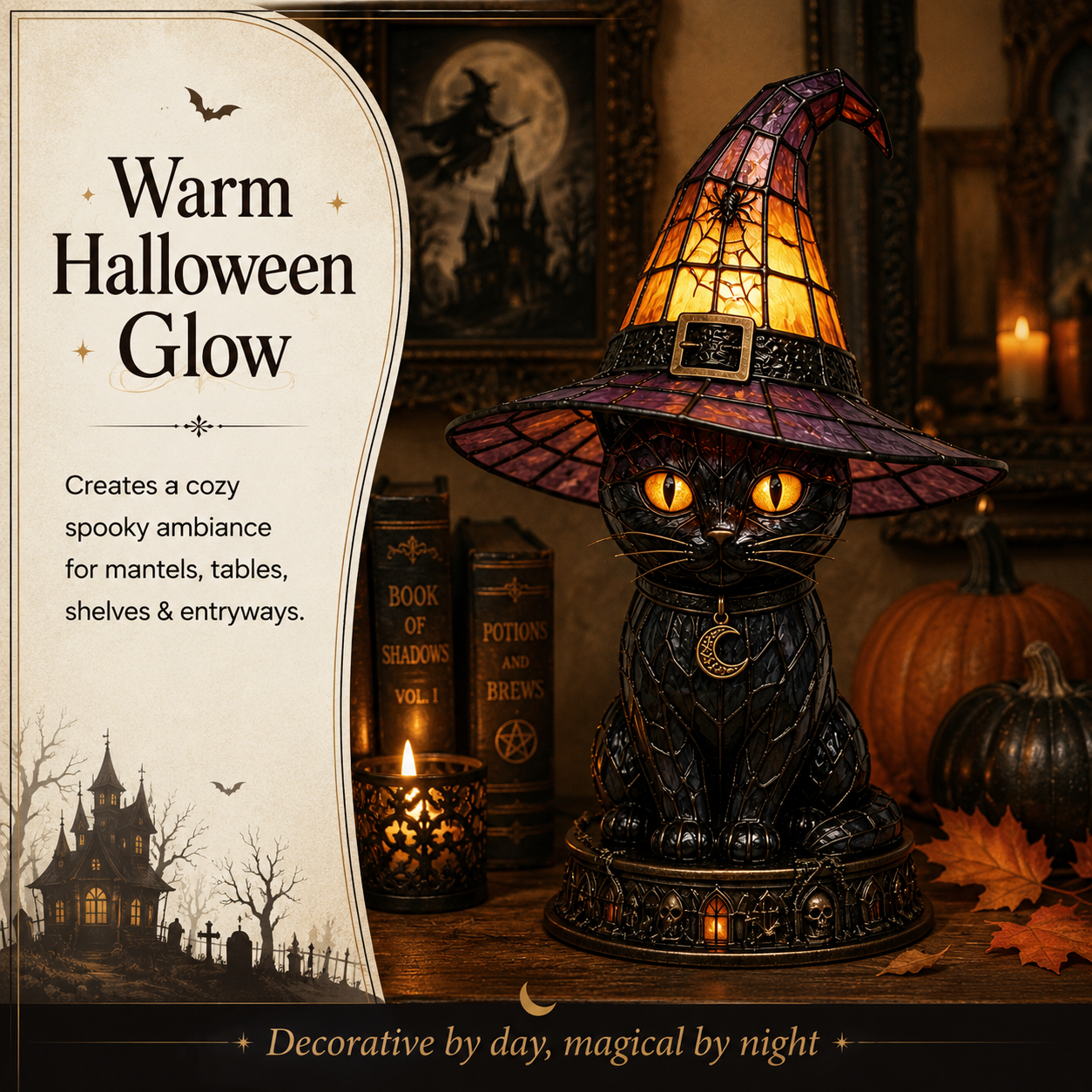 Halloween Witch Cat Stained Glass Lamp-HandPrint