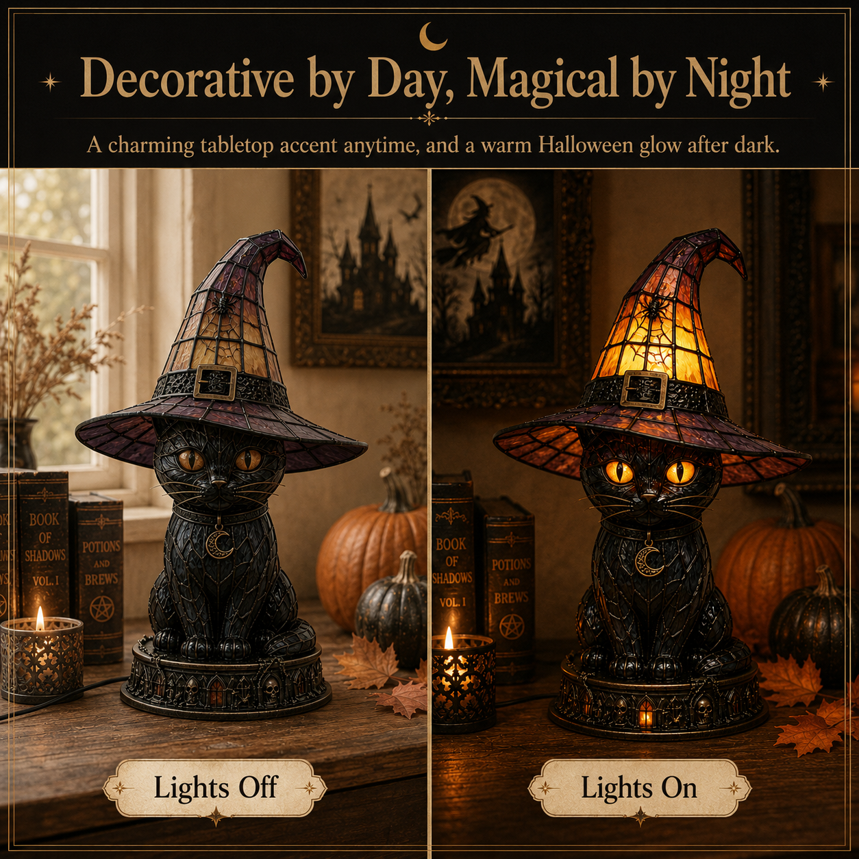 Halloween Witch Cat Stained Glass Lamp-HandPrint