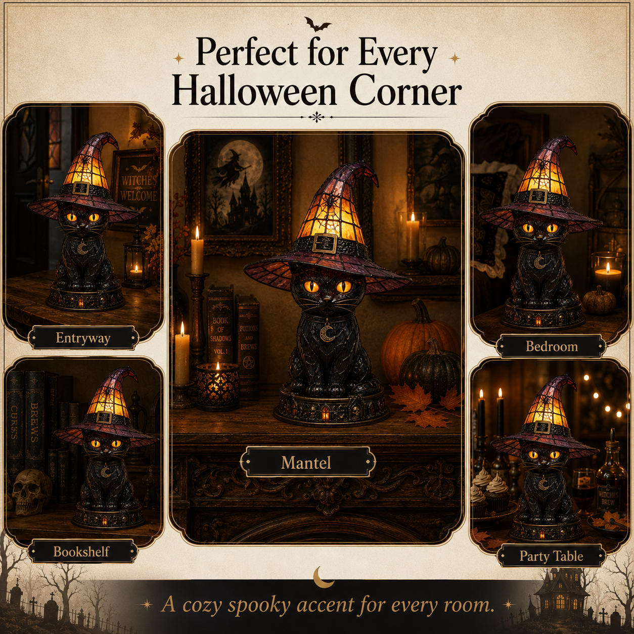 Halloween Witch Cat Stained Glass Lamp-HandPrint