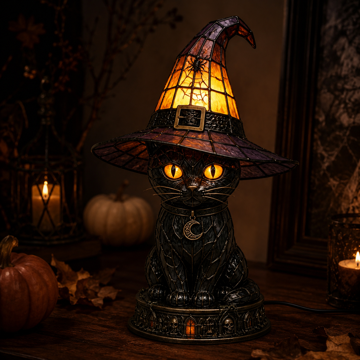 Halloween Witch Cat Stained Glass Lamp-HandPrint