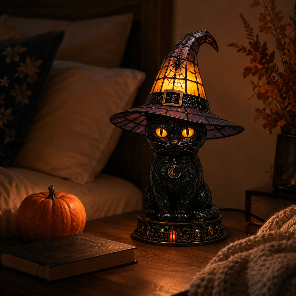 Halloween Witch Cat Stained Glass Lamp-HandPrint