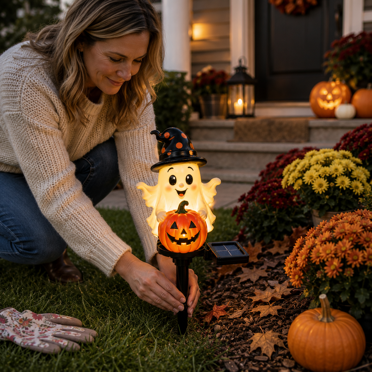 Solar Ghost Pumpkin Stake Light-HandPrint