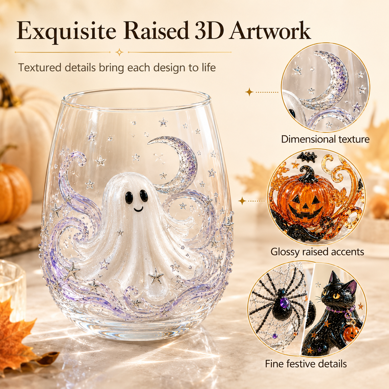 Halloween Glass Cup Set of 4, Embossed-Style Ghost Pumpkin Black Cat Spider Web Drinking Glasses-HandPrint