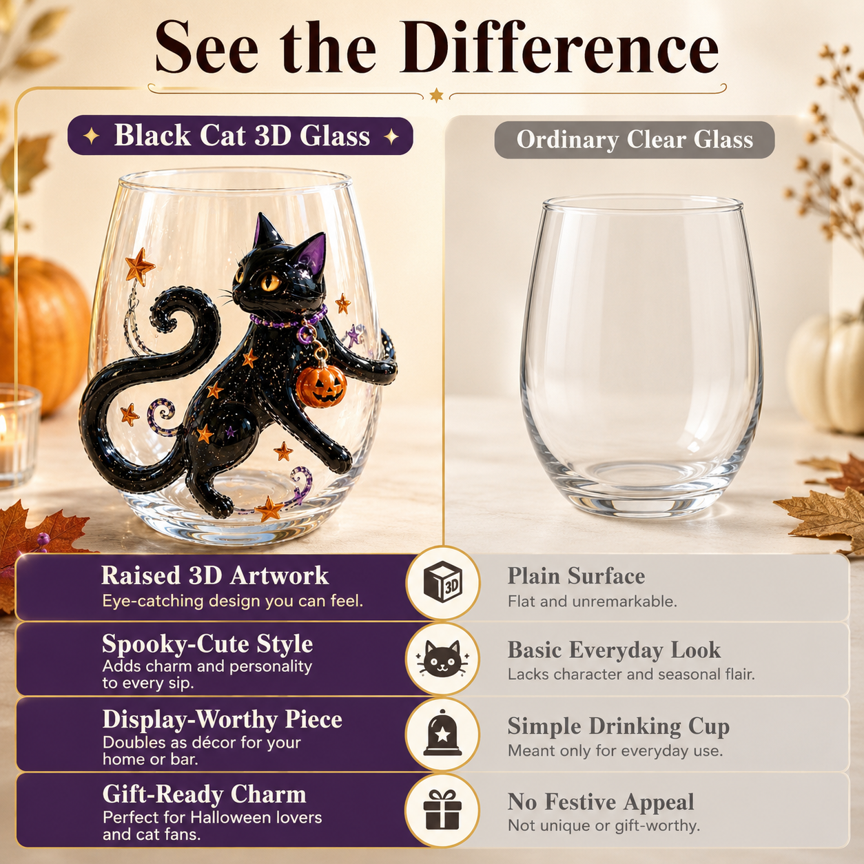 Halloween Glass Cup Set of 4, Embossed-Style Ghost Pumpkin Black Cat Spider Web Drinking Glasses-HandPrint