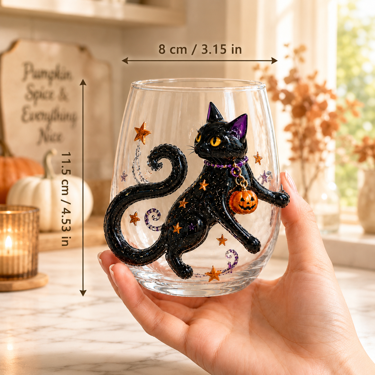 Halloween Glass Cup Set of 4, Embossed-Style Ghost Pumpkin Black Cat Spider Web Drinking Glasses-HandPrint