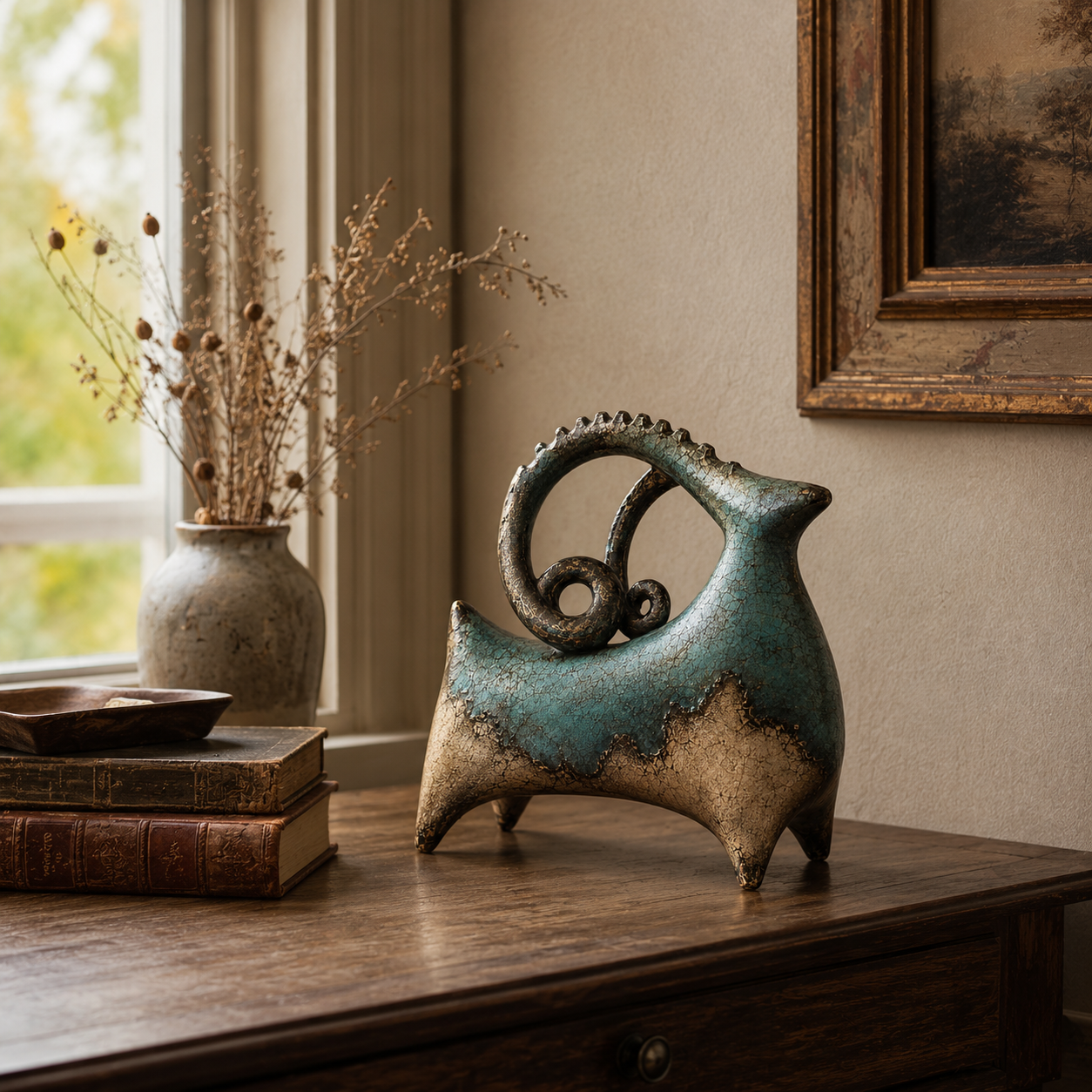 Vintage Patina Ram Sculpture-HandPrint