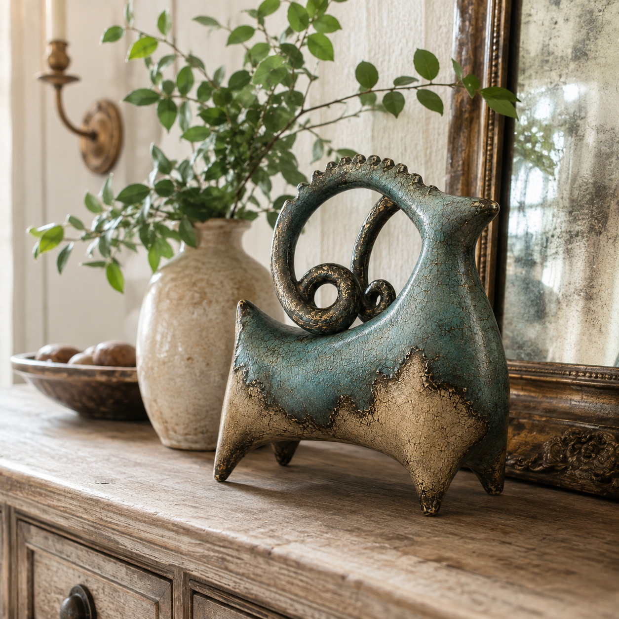 Vintage Patina Ram Sculpture-HandPrint