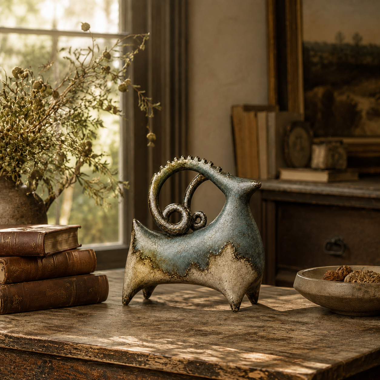 Vintage Patina Ram Sculpture-HandPrint