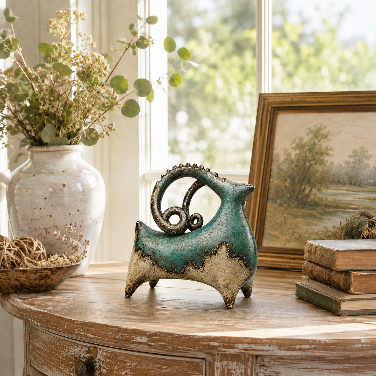 Vintage Patina Ram Sculpture-HandPrint