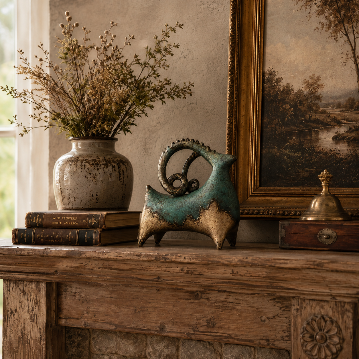 Vintage Patina Ram Sculpture-HandPrint