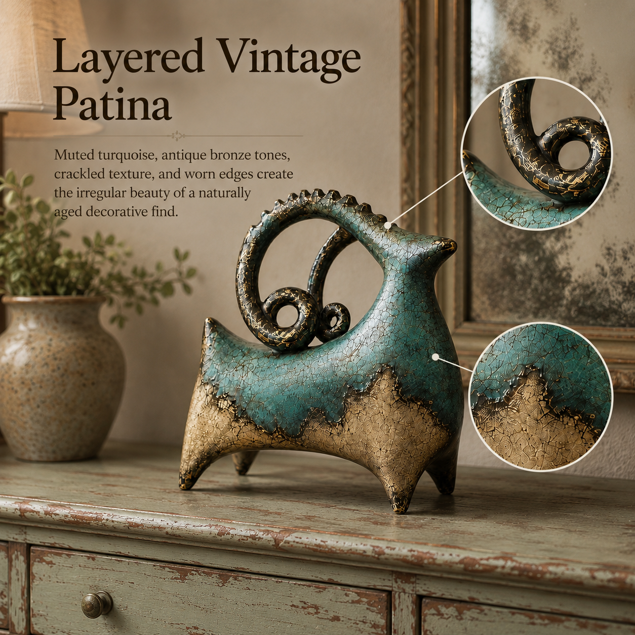 Vintage Patina Ram Sculpture-HandPrint