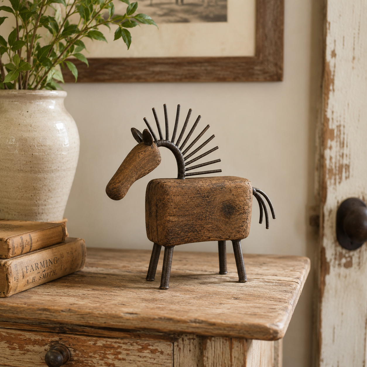 Vintage Primitive Wood & Metal Horse Sculpture-HandPrint