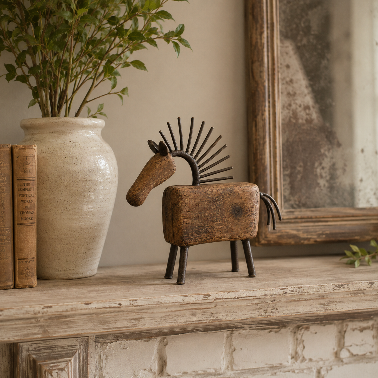 Vintage Primitive Wood & Metal Horse Sculpture-HandPrint